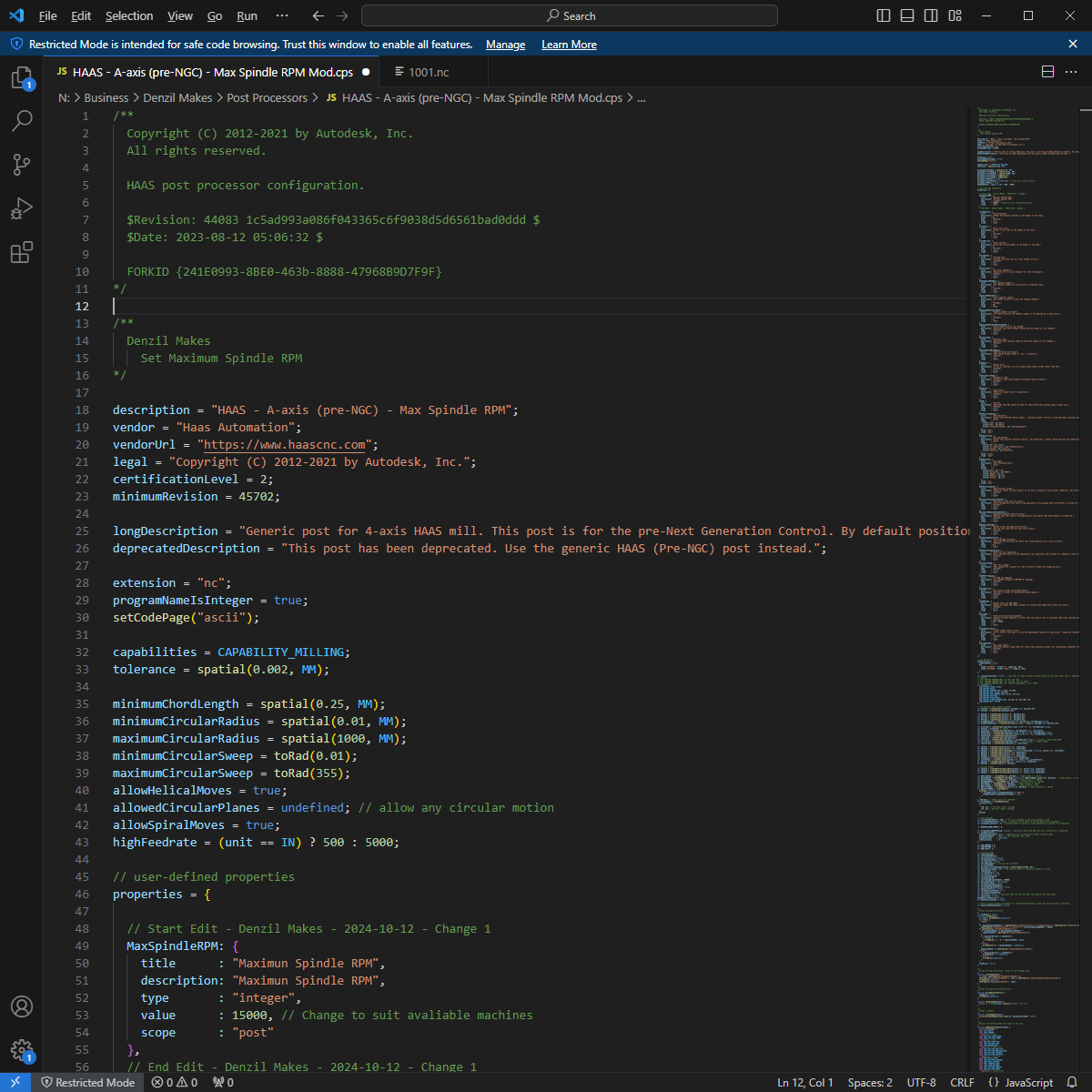 Maximum Spindle RPM Post Modification for Haas pre-NGC